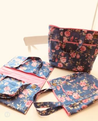 طقم مجموعة حقائب قماشية وحقيبة لحمل الصواني  لون كحلي وورود وردية   tote bag