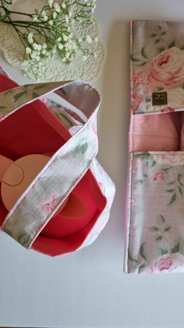 طقم مجموعة حقائب قماشية وحقيبة لحمل الصواني لون رمادي وورود وردية  tote bag