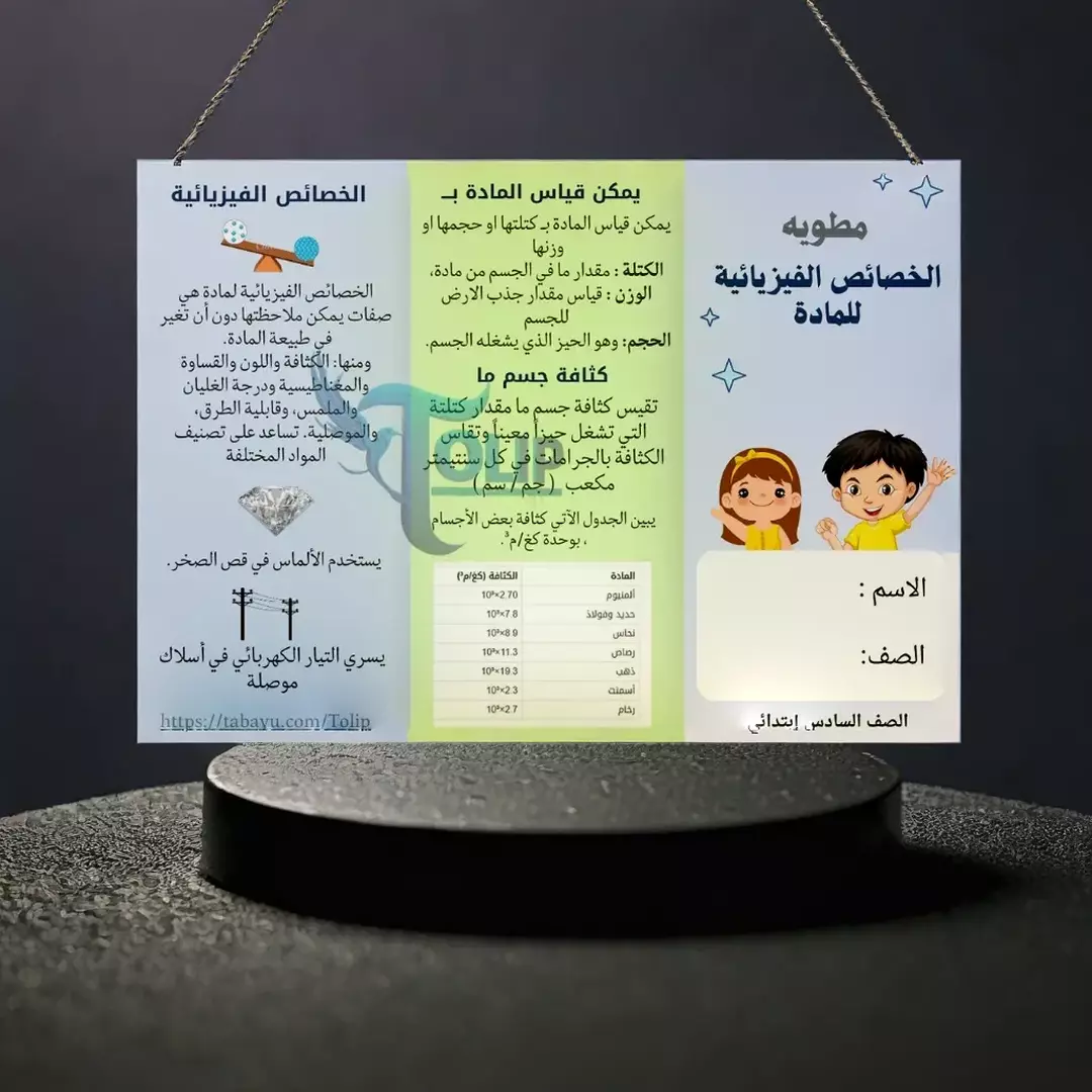 مطوية (الخصائص الفيزيائية للمادة) علوم الصف السادس الابتدائي الفصل الدراسي الثالث